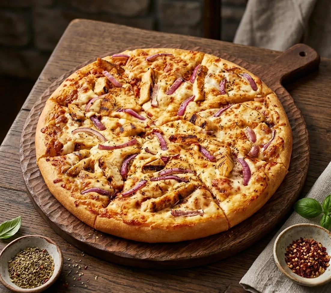 Tandoori Chicken Pizza — Indian-fusion pizza at Jambo Pizza Winnipeg